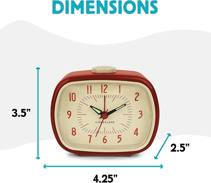 Kikkerland Retro Alarm Clock – Vintage Decor for Bedroom, Nightstand, Living Room, or Office – Battery Operated, Decorative Analog Clock, Red
