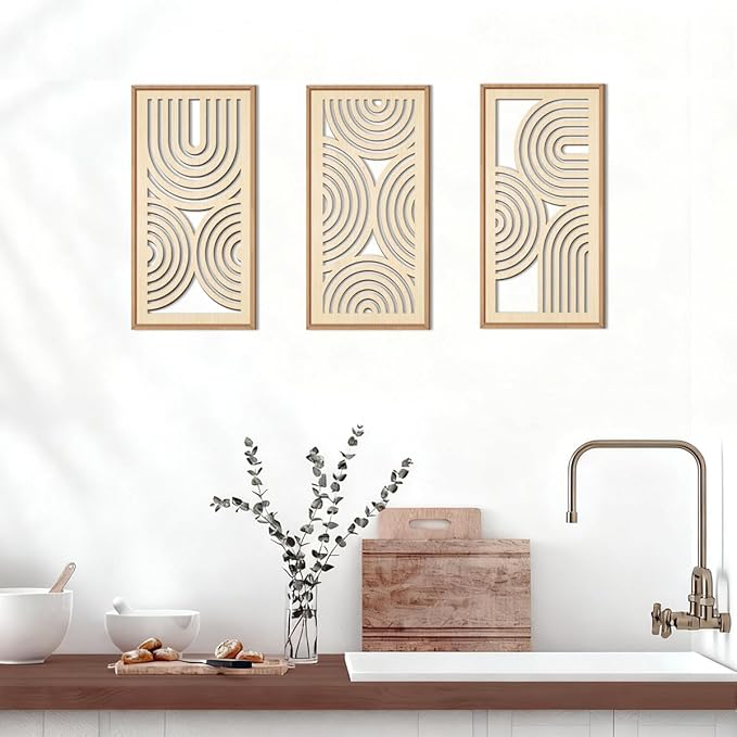 IARTTOP Boho Wooden Framed Wall Art Set of 3 Mid-century Modern Wood Wall Decor Minimalist Natural Bohemian Home Decor for Living Room Dining room Office