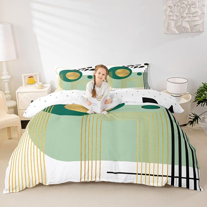 Erosebridal Green and White Abstract Boho Duvet Cover King Size Minimalist Aesthetic Neutral Comforter Cover Mid Century Modern Bedding Set Botanical Leaves Geometric Bed Set