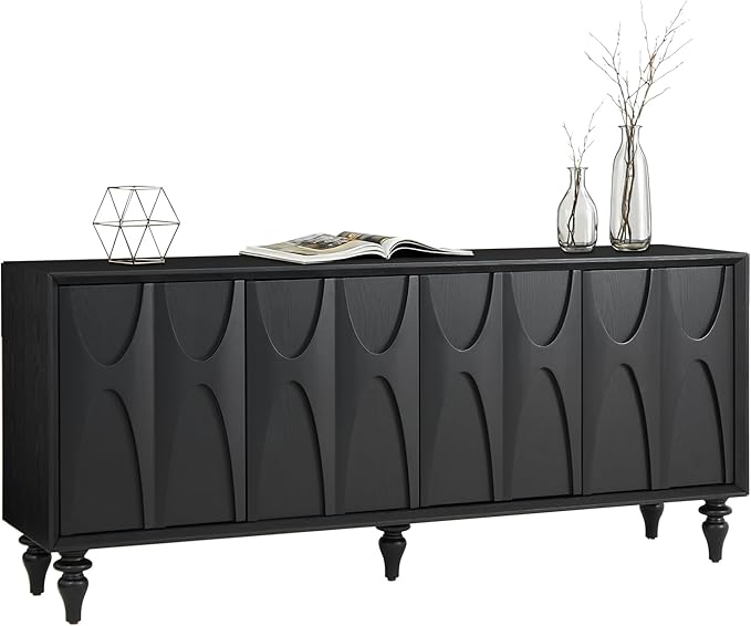 LKTART 62.99" Sideboard Buffet Cabinet with Storage, Solid Wood Kitchen Storage Cabinet Credenza Accent Console Table with Solid Wood Roman Legs Dovetail Door Trim Panel Ash Veneer,Black