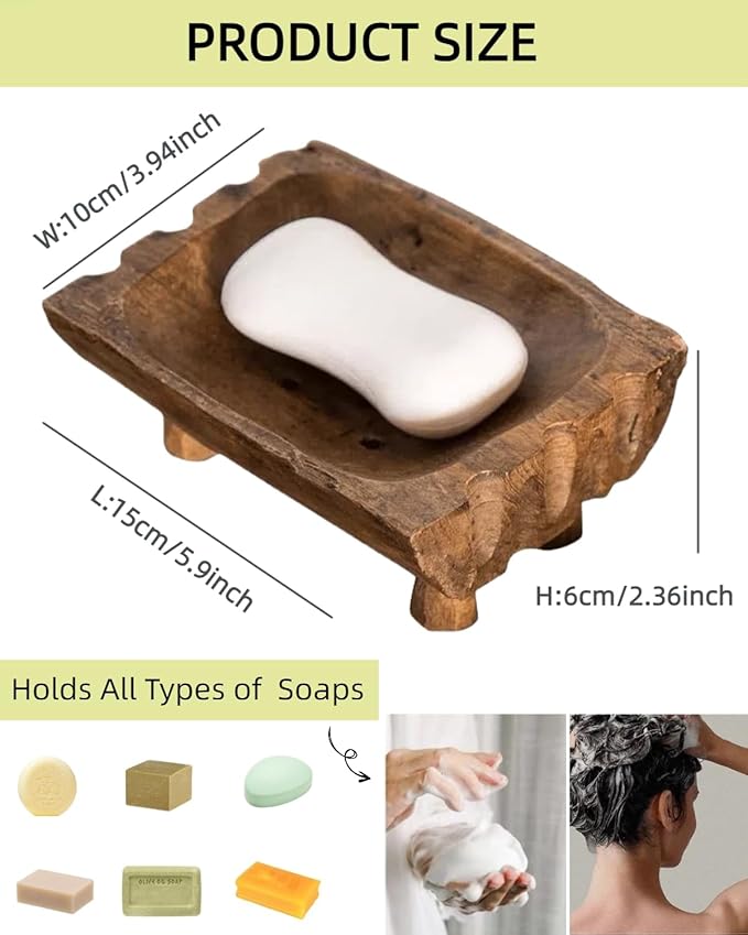 Large Rustic Teak Wood Soap Holder, Farmhouse Wooden Soap Dish,Decorative Bathroom Shower Soap Holder, Handmade Kitchen Countertop Soap Stand with Draining Holes