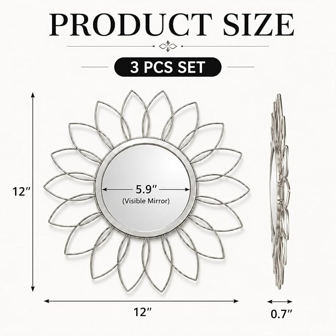 Silver Flower Mirror Set of 3, 3PCS Metal Round Decorative Wall Mirrors, Floral Petal Accent Mirror Wall Decor for Bathroom, Living Room, Bedroom & Entryway