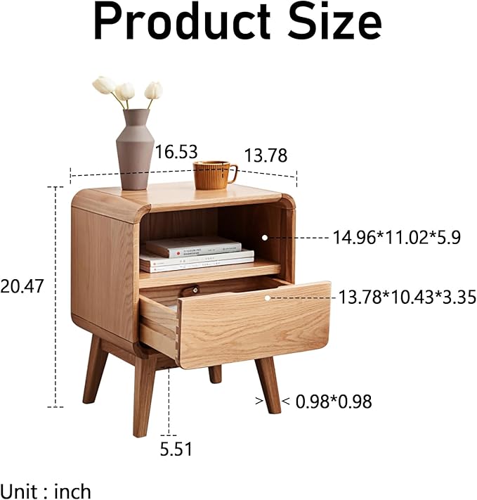 100% Solid Oak Nightstand, Wood Nightstands with 2 Drawers, Mid Century Modern Nightstands with Open Storage, Wooden Night Stand Bedside Table for Bedroom.