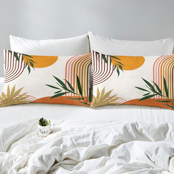Erosebridal Geometric Leaves Duvet Cover Queen for Kids Teens Adults,Mid Century Orange Comforter Cover,Botanical Minimalist Bedding Set,Abstract Modern Bed Set 3 Pcs Bedroom Decor