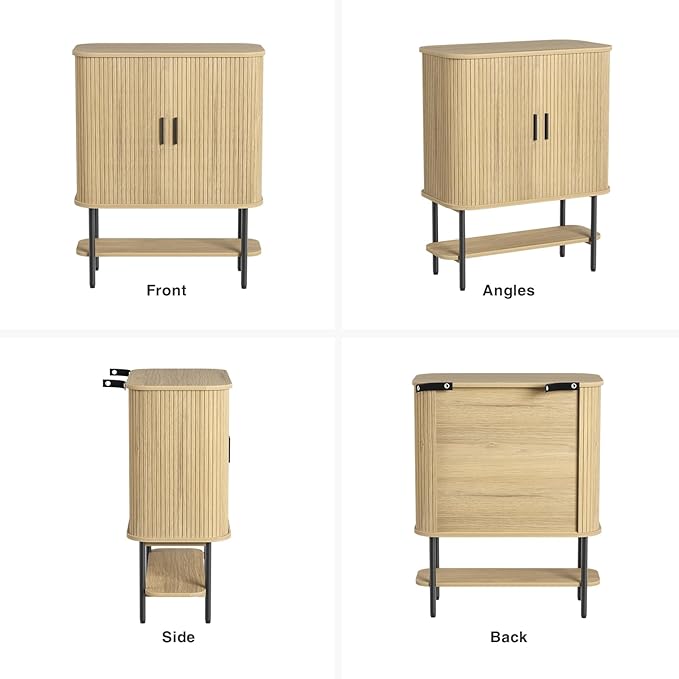 FiveWillowise Coffee Bar Cabinet with Storage, Fluted Wine Cabinet with Sliding Door, Glass Holder and Wine Rack, Buffet Sideboard Liquor Cabinet for Kitchen, Dining Room, Living Room, Natural