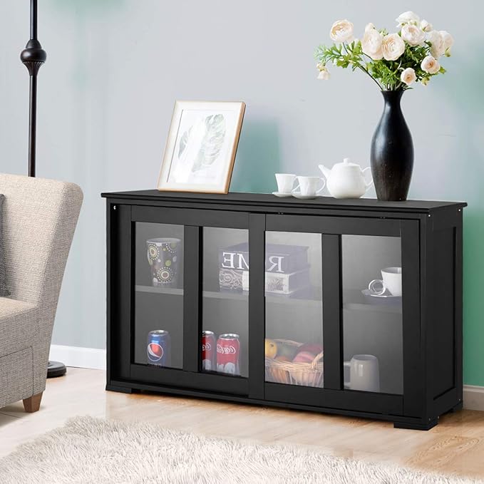 Giantex Buffet Sideboard, Wood Credenza with Sliding Doors, Storage Cabinet with Adjustable Shelf, Modern Console Table, Kitchen Cupboard, Buffet Pantry, Living Room Dining Room Furniture (Black)