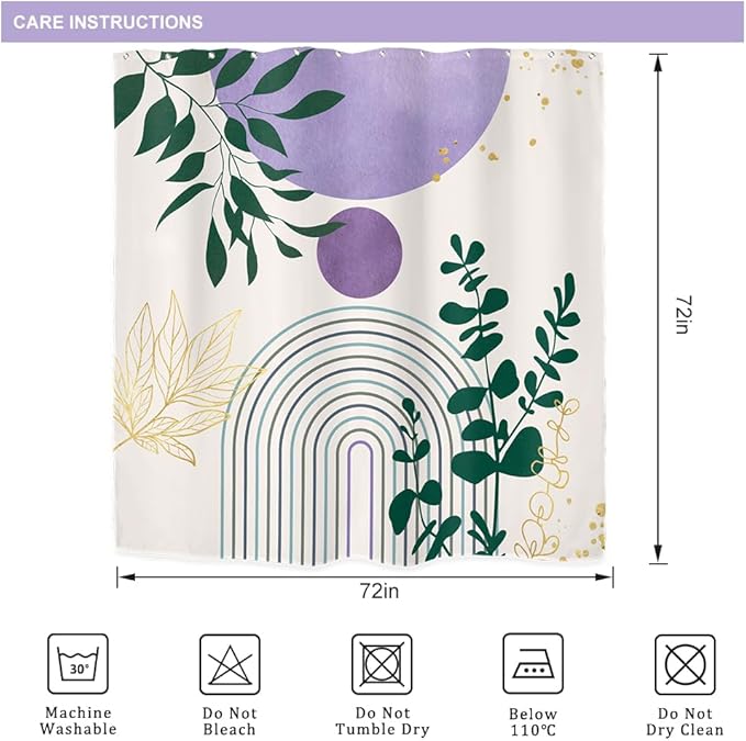 Riyidecor Purple Boho Modern Shower Curtain for Bathroom Decor 72Wx72H Bohemian Leaves Mid Century Eucalyptus Arch Line Art Printed Fabric Polyester Waterproof 12 Pack Plastic Hooks