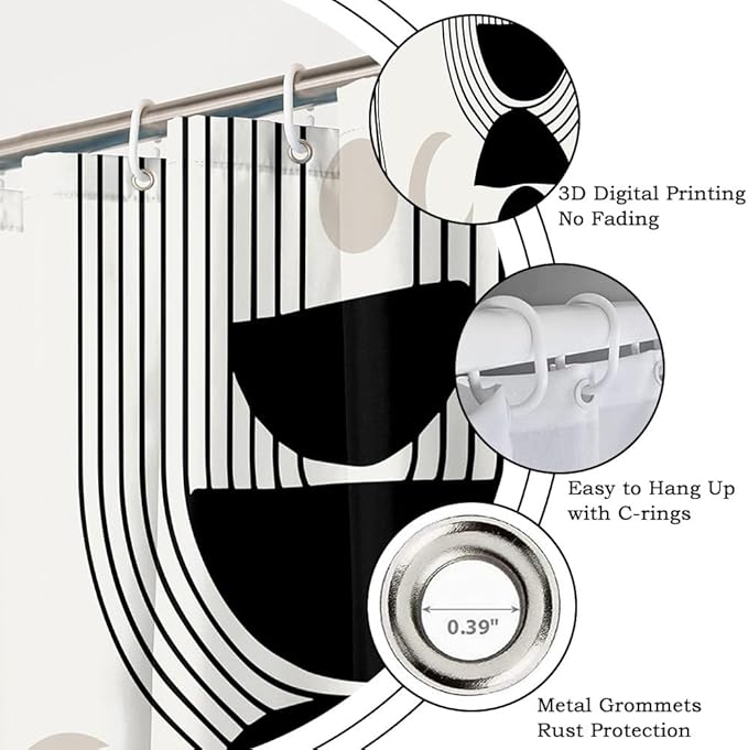 Black White Boho Shower Curtain for Bathroom Modern Abstract Minimalist Neutral Bathroom Decor Mid Century Arch Moon Geometric Bath Curtain Washable Waterproof Polyester Fabric with Hooks 72x96 Inch