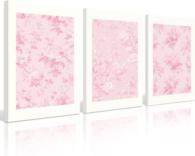Pink Floral Wall Art Chinoiserie Flower Wall Decor Pictures Aesthetic Canvas Wall Art Love Shack Fancy Poster Vintage Floral Prints for Living Room Bedroom 12x16 Inch Framed Set of 3