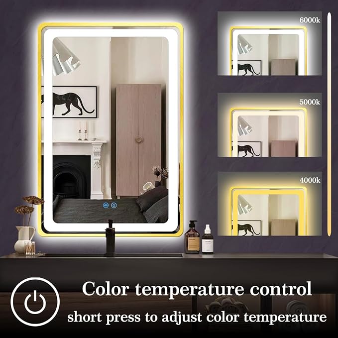 24 x 40 Inch Gold Vanity Mirror with Lights Smart Memory 3 Color Dimmable AntiFog 40 Gold Frame Lighted mirror for Bathroom Salon Horizontal/Vertical Wall Mounted LED Makeup Mirror with Light