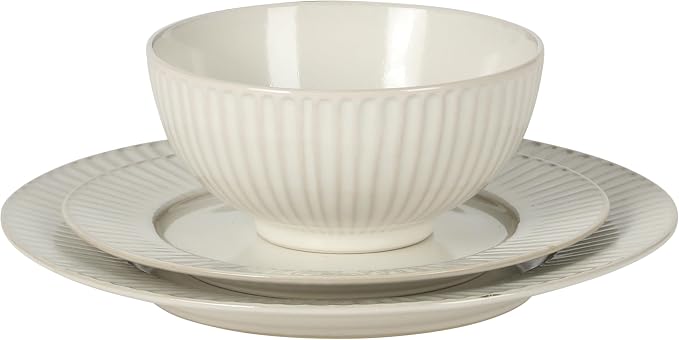 Gibson Elite Soleil 12 Piece Linen White Stoneware Dinnerware Set for 4, Plates and Bowls Set with Dinner Plates, Salad Plates and Bowls