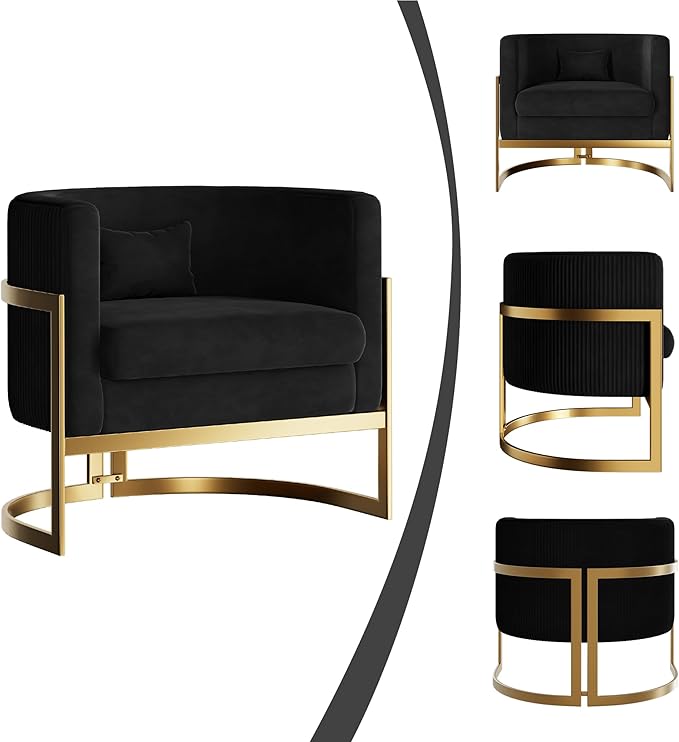 Velvet Accent Chair Gold Modern Barrel Chair Upholstered Arm Chairs for Bedroom Living Room Sofa Chair Club Chairs Black