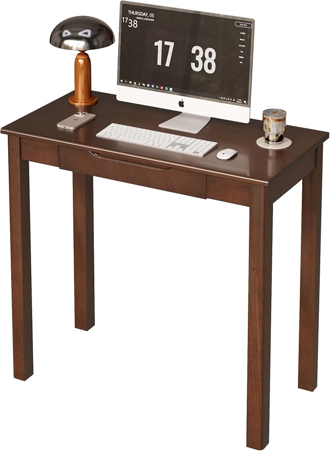 Solid Wooden Desk with Drawers - 32 x 16 Inch Vintage Narrow Desks, Mid Century Modern Desks, Rubber Wood Study Table, Small Writing Desk for Bedroom|Small Spaces - Walnut Color