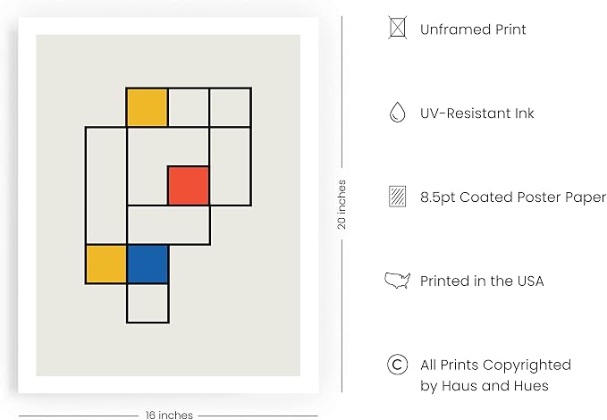 HAUS AND HUES Bauhaus Modern Colorful Abstract Wall Art - Retro Mondrian Poster, Mid Century Modern Wall Art Work, Abstract Art, Retro Poster, Mid Century Wall Art (Unframed, 16x20)
