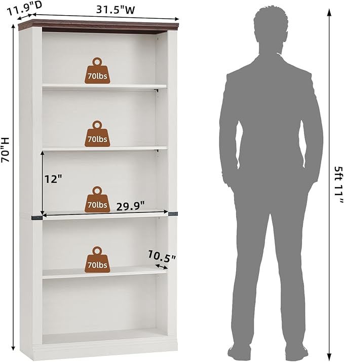 70" White Tall Bookshelf Set of 3,5-Tier Thick Wooden Book Shelf with Adjustable Shelves,Free Standing Farmhouse Bookcase with Open Display Storage,Floor Vintage Bookshelves for Living Room