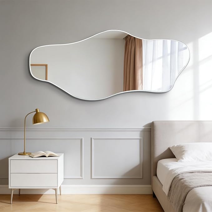 Irregular Wall Mirror, 54.5"x24" Silver Asymmetrical Tempered Glass Mirror, Large Frameless Organic Shaped Mirrors for Entryway Hallway Bedroom Living Room, Horizontal or Vertical Hanging