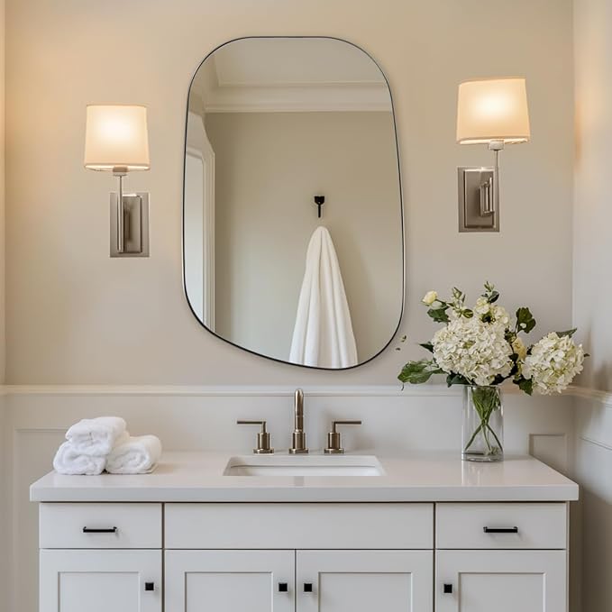 ANDY STAR Chrome Irregular Mirror, 24"x36" Silver Asymmetrical Wall Mirror in Stainless Steel Metal Frame, Unique Vanity Mirror with Modern Curved Design, Ideal for Bathroom, Bedroom, Entryway