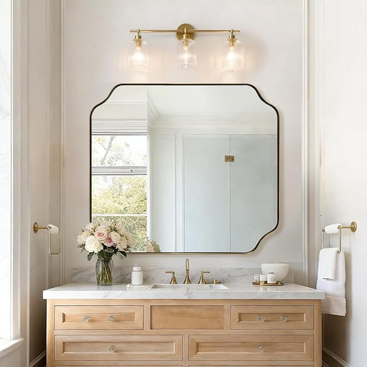 ANDY STAR 36"x40" Brass Vanity Mirror, Large Scalloped Bathroom Mirror, Brushed Gold Trim Mirror in Anti-Rust Stainless Steel Metal Frame, Irregular Shaped Mirror Ideal for Bathroom Remodel