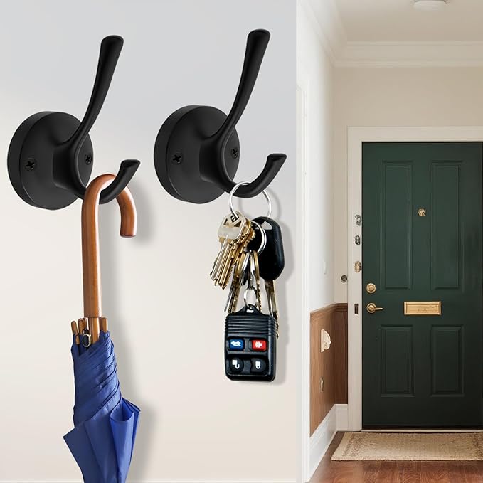 Black Towel Hooks, 2 Pack Coat Robe Hook Heavy Duty Metal Double Bathrobe Hook Wall Mounted, Hand Towels Hooks for Cubicle Bathroom Kitchen Closet Garage