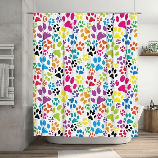 Dog Print Shower Curtain Cute Colorful Dogs Paws Duty Fabric Shower Curtains Set Bathroom Polyester Waterproof with 12 Hooks, 55x72Inch（140x183cm）