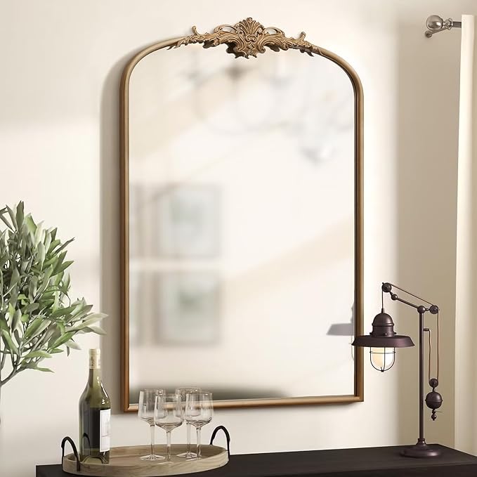 Besdomus Antique Gold Arched Mirror: 24"x36" Large Arch Gold Vintage Wall Mounted Mirror - Traditional Ornate Home Decor for Entryway/Fireplace/Bathroom/Bedroom - Idea for Fashion-Conscious