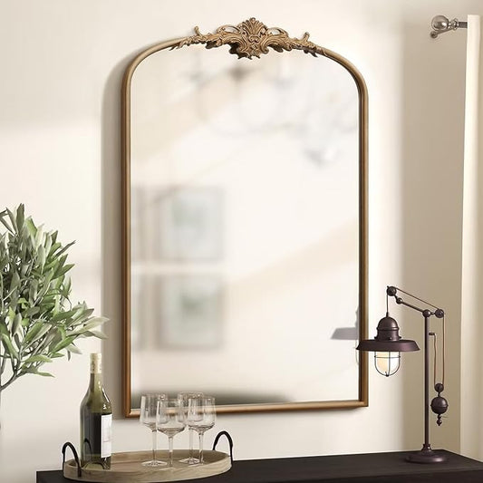 Besdomus Antique Gold Arched Mirror: 24"x36" Large Arch Gold Vintage Wall Mounted Mirror - Traditional Ornate Home Decor for Entryway/Fireplace/Bathroom/Bedroom - Idea for Fashion-Conscious
