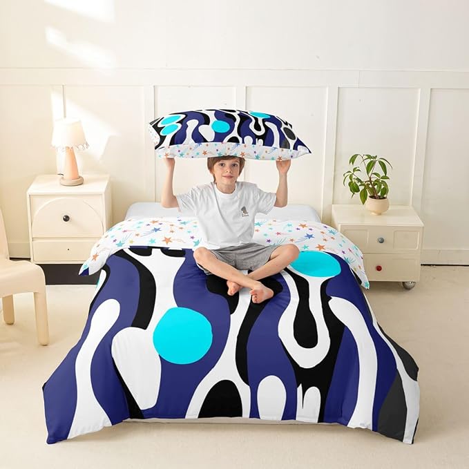 Erosebridal Organic Abstract Duvet Cover Set Modern Contemporary Girl Toddler Bedding Set for Little Boys Boho Mid Century Wavy Lines Comforter Cover Retro Geometric Bed Sets,Dark Blue Cyan