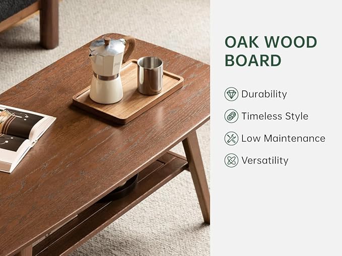 100% Solid Oak Wood Coffee Table for Living Room, 2-Tier Living Room Table with Storage Shelf, Mid Century Modern Coffee Tables (Walnut Colour, 39.37" W x19.68 D x 17.32" H)