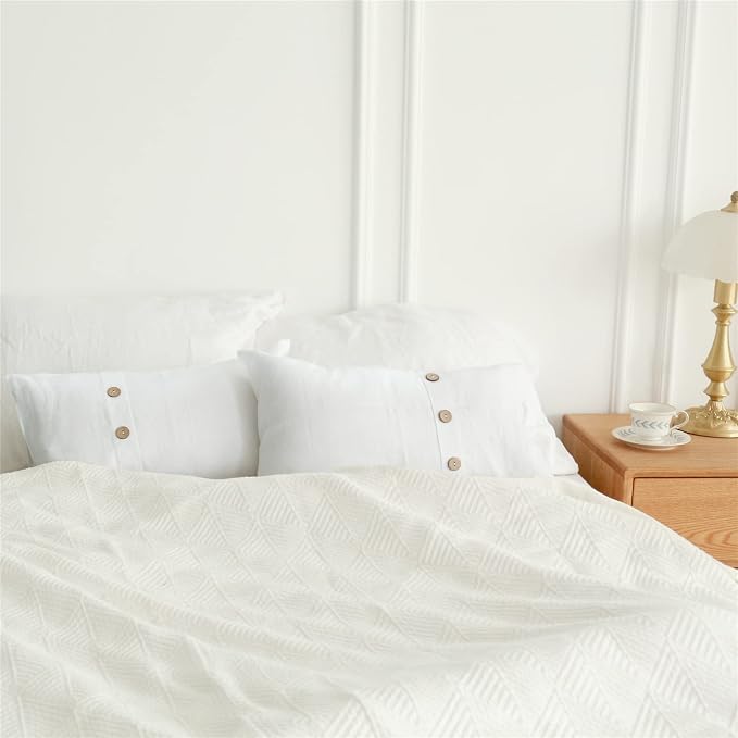 Simple&Opulence 100% Linen Lumbar Pillow Cover 12 x 20 Inch Set of 2 Rectangular Decorative Pillow Cover with Vintage Triple Coconut Button for Couch Sofa Bed Living Room Office Décor - White