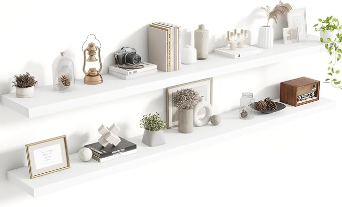 72 Inch Floating Shelves, 8 Inch Deep Floating Shelves for Wall, Hanging Shelf with Invisible Brackets, Deep Shelves for Bathroom, Bedroom, Living Room, White, Set of 2