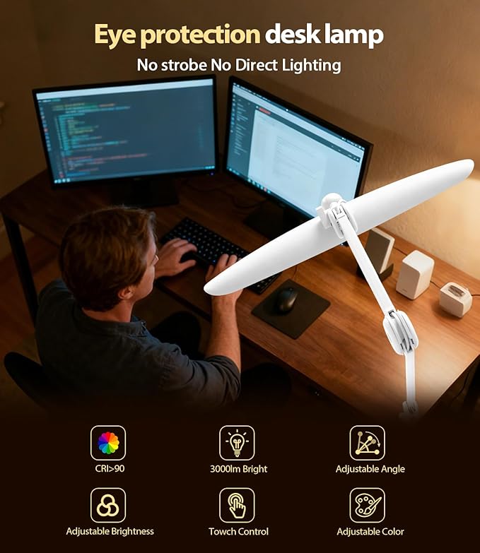 Led Desk Lamp with Clamp, Eye Caring Architect Desk Light for Home Office, Dual Screen Computer Monitor Gooseneck Adjustable Arm 20" LED Lamp, Stepless Dimming, for Reading, Study, Workbench