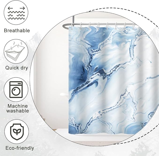 Blue Shower Curtain, Ombre Blue Marble Shower Curtain for Bathroom Modern Aesthetic Waterproof Shower Curtain Set with Hooks, 72x84 Inch