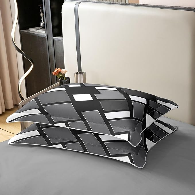 Erosebridal Black Gray Geometric 100% Cotton Duvet Cover Full Plaid Abstract Art Bedding Set for Kids Teens Adults Black Checkered Striped Comforter Cover Grids Modern Artistic Bed Set 3 Pcs