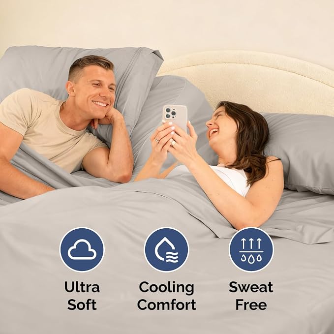 Flex Top Split Head King 4 Piece Sheet Set - Ultra-Soft, Breathable & Cooling Bed Sheets Set - Hotel Luxury Bedding for Women & Men with Deep Pockets - Wrinkle and Fade Free - Oeko-Tex - Light Grey