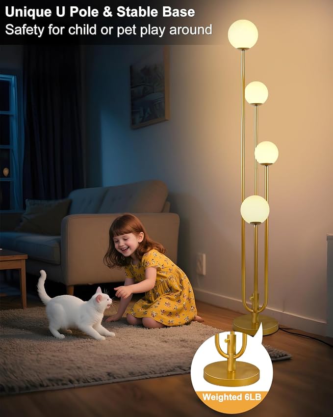 Lightdot Gold Globe Floor Lamp 4-Lights Dimmable Floor Lamps with 3000K Bulbs Included Unique Mid Century Modern Tall Standing Lamp with 5Lbs Heavy Base for Living Room/Bedroom/Sofa Beside