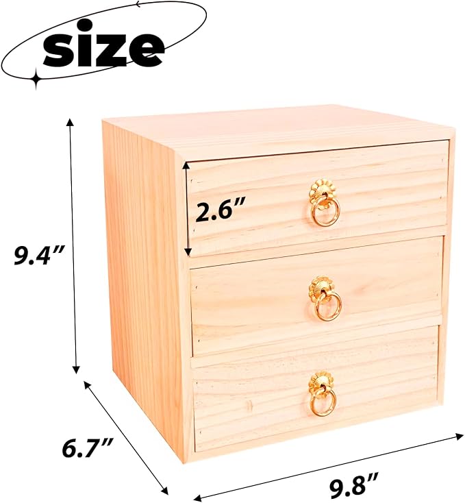 3 Layer Natural Wooden Storage Box with Drawers Desk Organizer Desk Accessories 3 Drawer Storage Organizer Wood Tabletop Organizer with Metal Handle for Home Office Counter Craft Decor