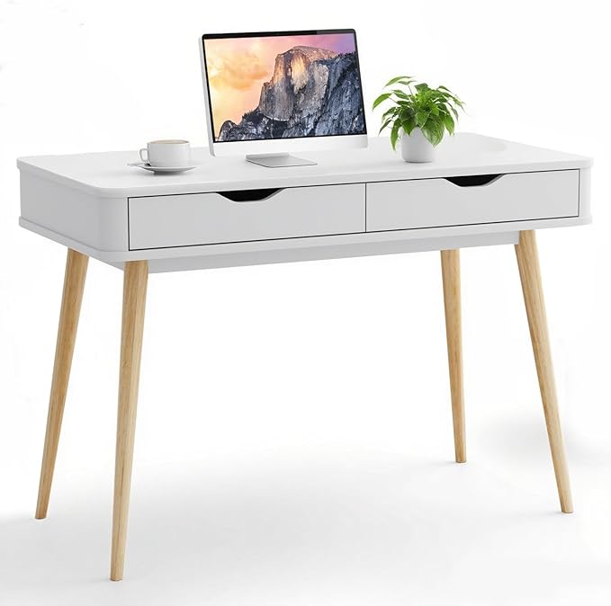 POWERSTONE Mid Century Office Desk with 2 Drawers - Vintage Writing Desk Computer Workstation with Sturdy Rubberwood Legs & Spacious 43.5" Desktop for Home Office Bedroom