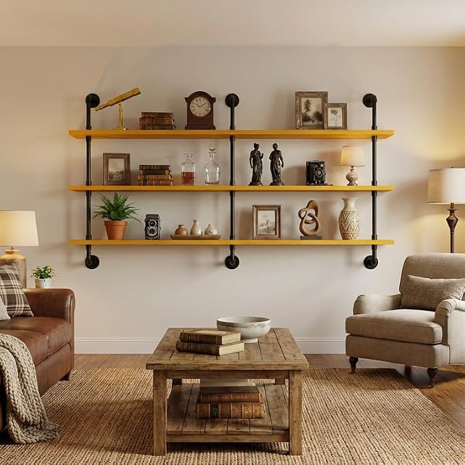 HDDFER Floating Shelves for Wall Bookshelf Industrial Pipe Shelving Shelves Natural Wood Planks Rustic Wall Shelves Hanging Bookshelves Farmhouse Kitchen Shelving 60 inch