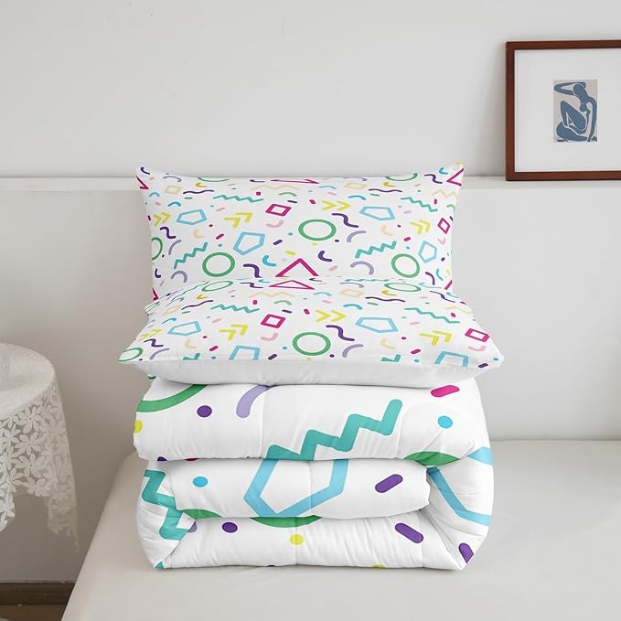 Manfei Memphis Comforter Set King Size, Colorful Geometric Vintage Bedding Set 3pcs for Kids Boy Girls, Retro 80s or 90s Fashion Style Quilt Set Soft Polyester Duvet Set with 2 Pillowcases