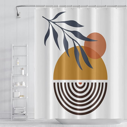 Mid Century Bohemian Bathroom Shower Curtain - Abstract Circle Eucalyptus Leaves Sun Boho Design With Hooks, Waterproof Fabric Polyester, Aesthetics Home Decor, 72x96 Inch