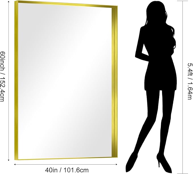 CIRCUMI Gold Bathroom Mirror, 40"x60" Rectangular Mirror with Deep Metal Frame, Brushed Finish, Tempered Glass, Large Mirror for Wall, Over 2 Sinks, Installed Vertically/Horizontally, Crystal-Clear
