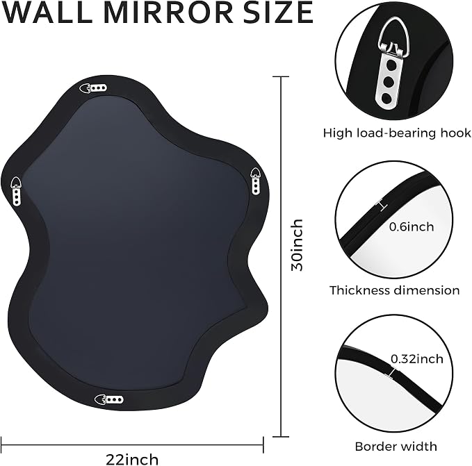 Tanmicoshomy Black Bathroom Mirror 22x30 Inch, Asymmetrical Wavy Wall Mirrors for Bathroom, Bedroom or Living Room, Vertical or Horizontal Hanging