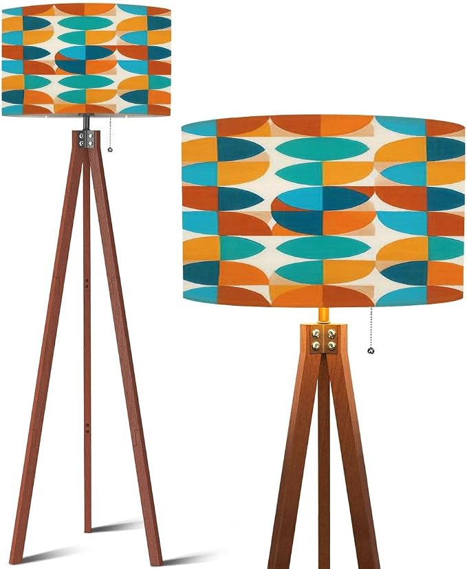 Wood Tripod Floor Lamp Abstract Geometric Blue Orange Colors Mid Century Mid Century Standing Lamp Linen Shade Dimmable Modern Tall lamp Home Decor for Living Room Bedroom Office