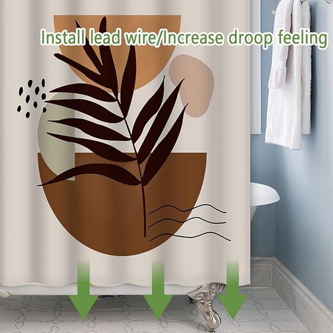 Mid Century Brown Boho Shower Curtain 69x70 Inch Abstract Semicircle Geometric Plant Leaves Sun Modern Minimalist Shower Curtain for Bathroom with Hooks Waterproof Polyester Fabric