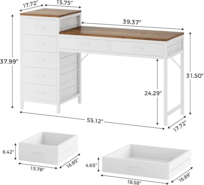 Computer Desk with Reversible Drawer, 55 inch Home Office Desks with 7 Drawers, Modern Compact Study Writing Table Workstation with Storage for Small Spaces, Light Brown and White
