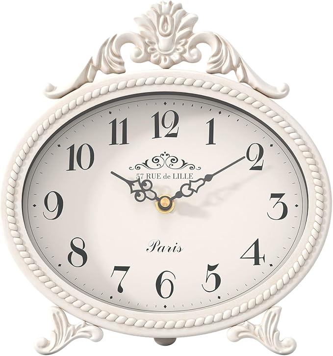 Abdurey Vintage Table Clock on Stand,Desk and Shelf Decorative Clock,French Rustic Style Mantel Clocks,Metal Frame Antique White Finish,Farmhouse,Bedroom, Bedside,Living Room,Gift Clocks