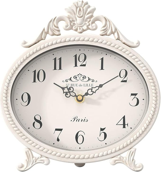 Abdurey Vintage Table Clock on Stand,Desk and Shelf Decorative Clock,French Rustic Style Mantel Clocks,Metal Frame Antique White Finish,Farmhouse,Bedroom, Bedside,Living Room,Gift Clocks
