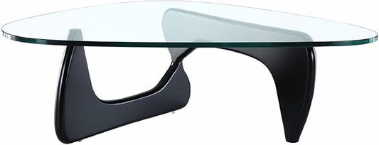 EMODERN FURNITURE - Mid-Century Modern Style Coffee Table Glass Top Hardwood Base (Black)