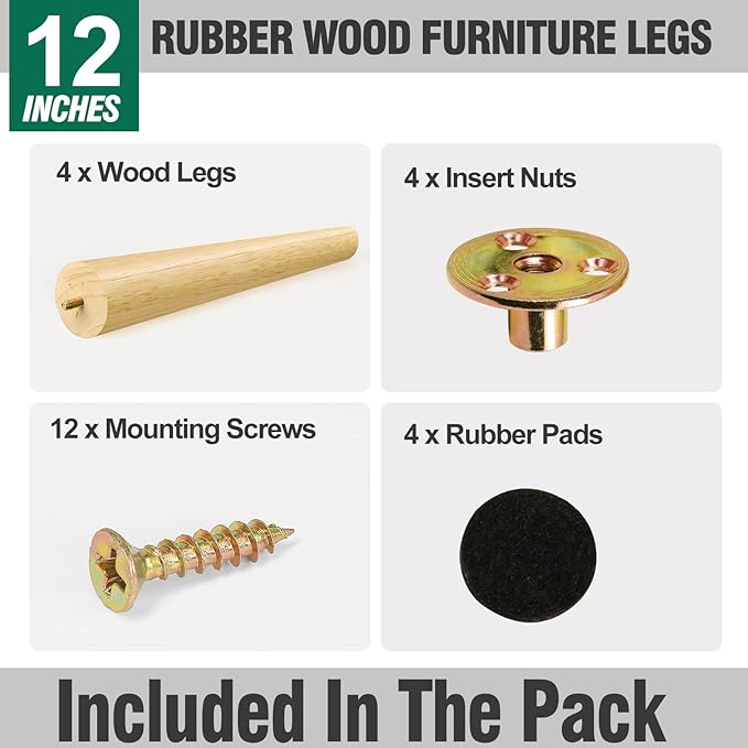 FoDau770 Rubber Wood Furniture Legs 12 Inches, Slant Tapered Wood Feet Mid Century Sofa Legs Set of 4, 5/16" UNC Furniture Feet Replacement Parts for Cabinet Couch Dresser Chair Ottoman Table