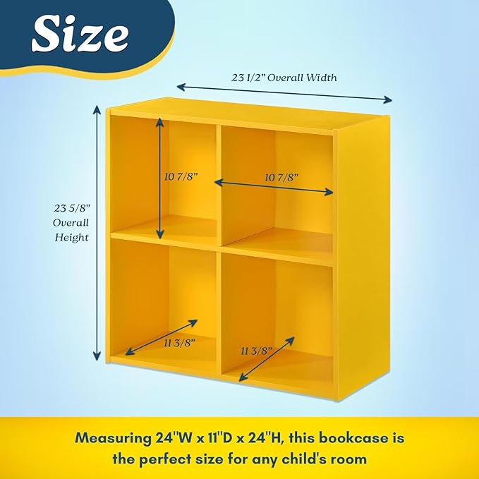 Kings Brand Furniture George 4-Cube Storage Organizer, 2-Tier Bookcase with Wood Shelves for Living Room, Bedroom, Nursery, or Home Office (Yellow, 2-Pack)
